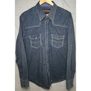 Rock & Roll Cowboy Western Shirt, Pearl Snap, Sz Large, Geometric Denim Blue